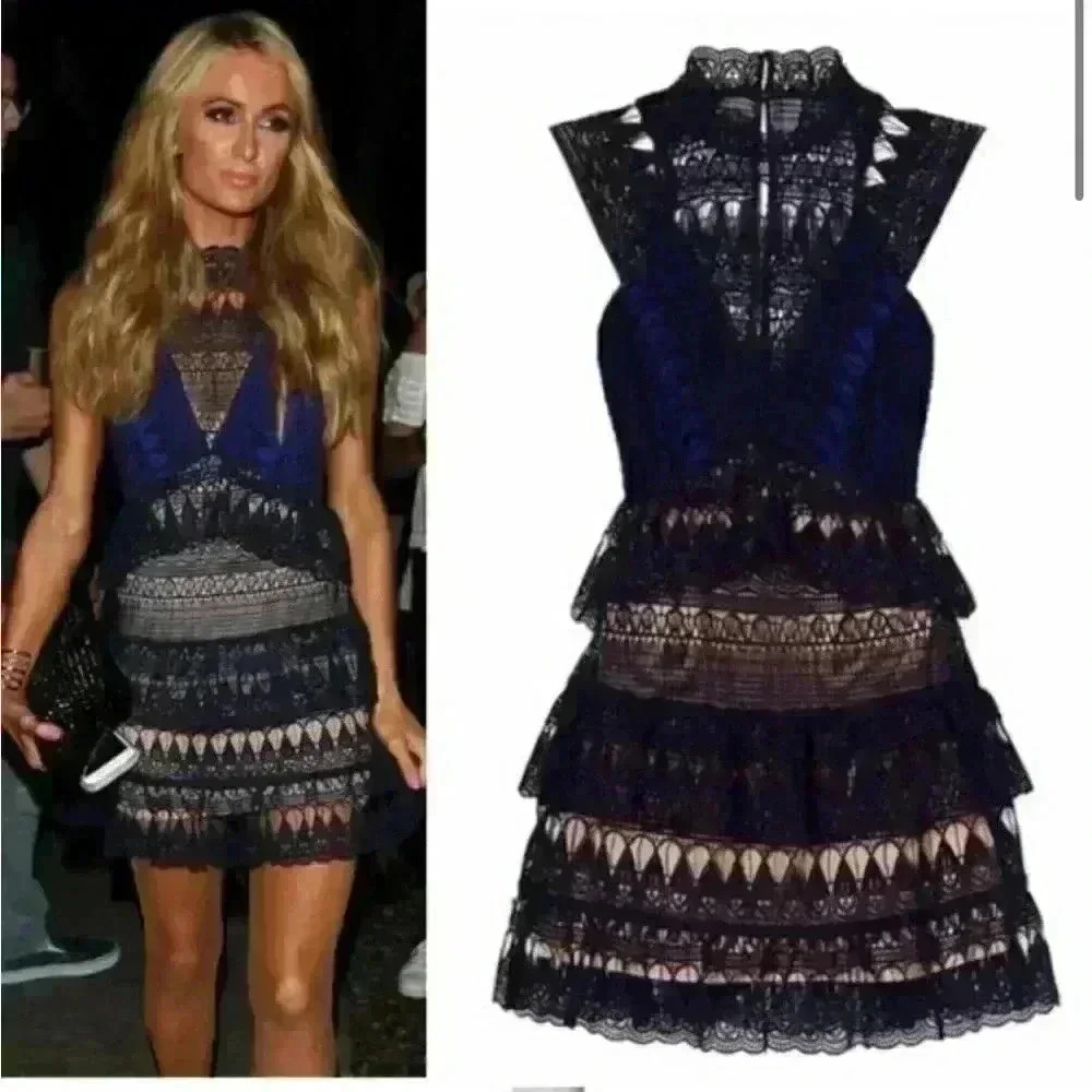 Self-Portrait Navy and Black Lace Tiered Mini Dress